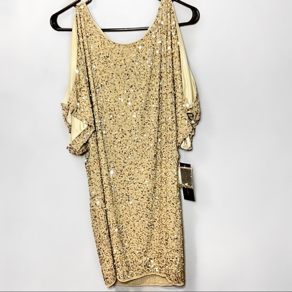 AIDAN MATTOX Gold Sequin Beaded Silk Split Sleeve Cocktail Dress NWT Size 4 - Picture 3 of 7